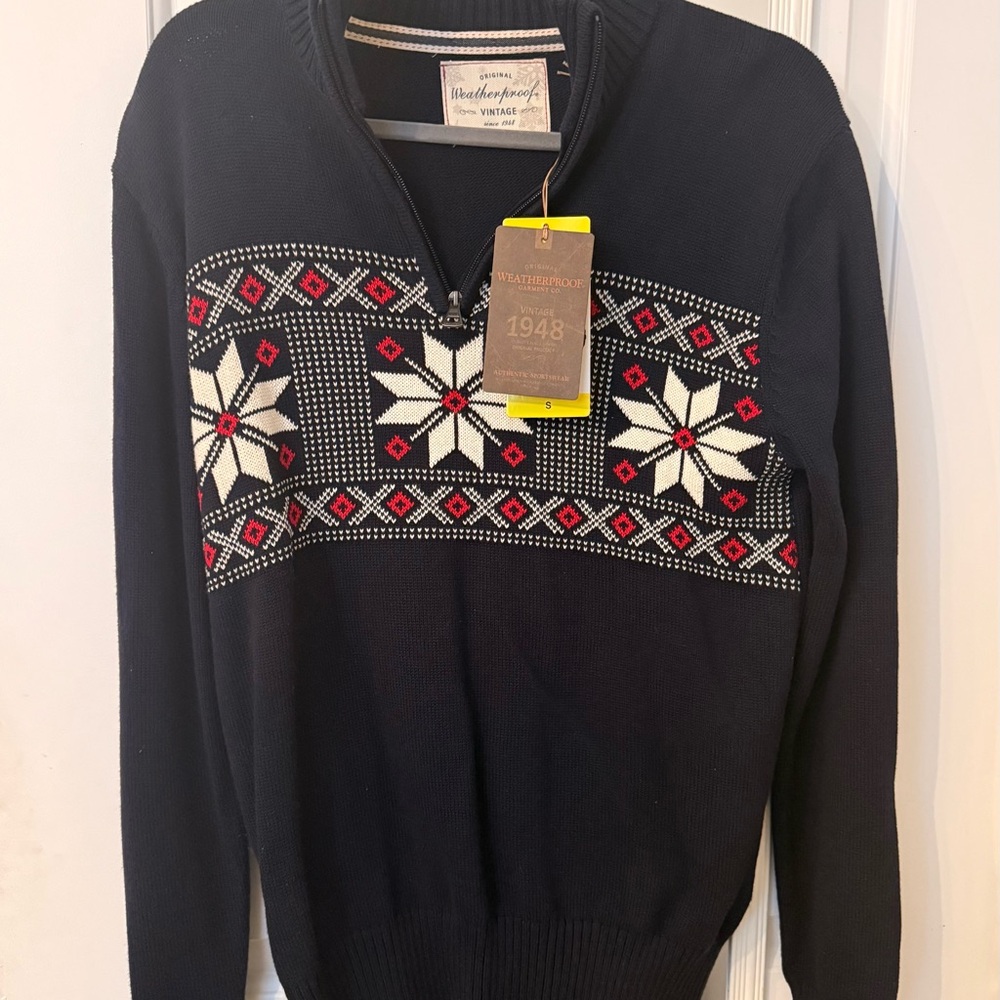 Weatherproof Men's Black Zip-Up Sweater with Red and White Design